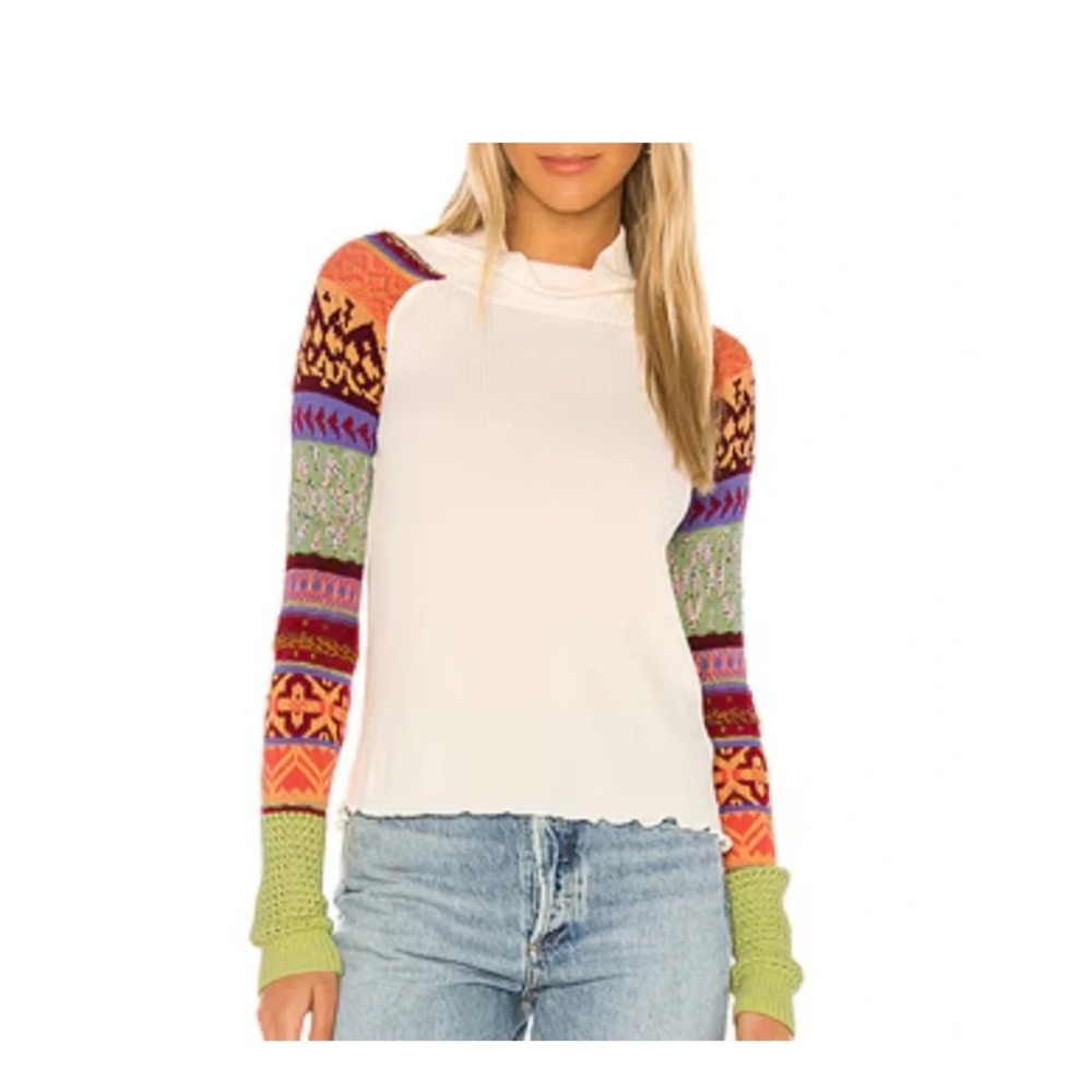 Free People Prism Fair Isle Sweater XL Ivory Turtleneck Boho Colorful Apres Ski